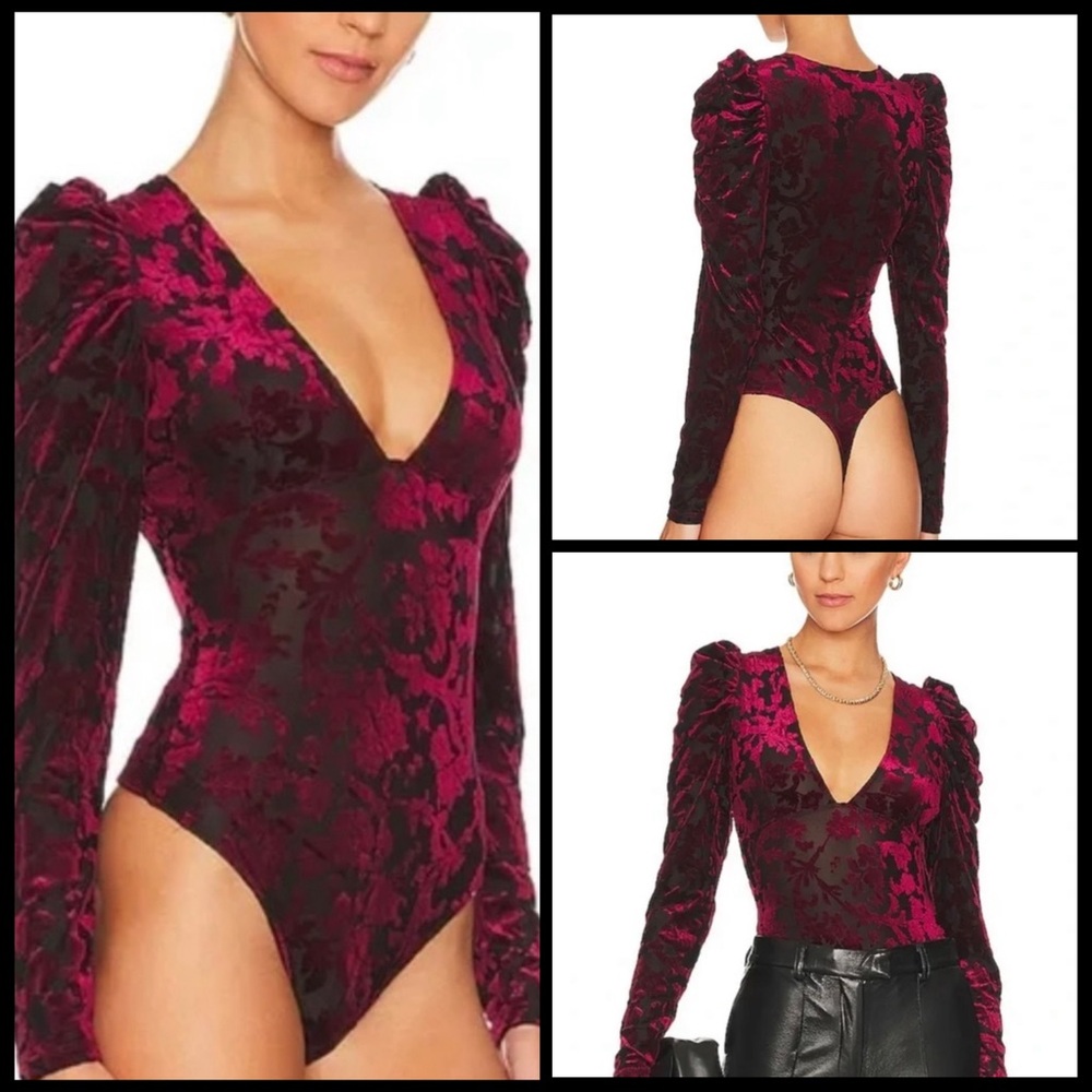 Free People NWT Magic Hour Bodysuit Velvet Burnout Ruched Midnight XS MSPR 98.00